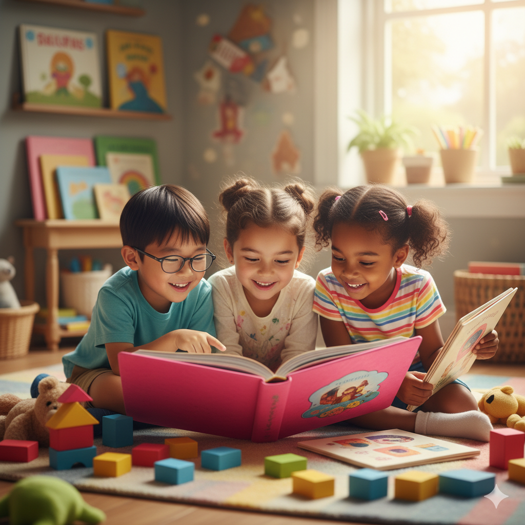 Children reading a book together happily